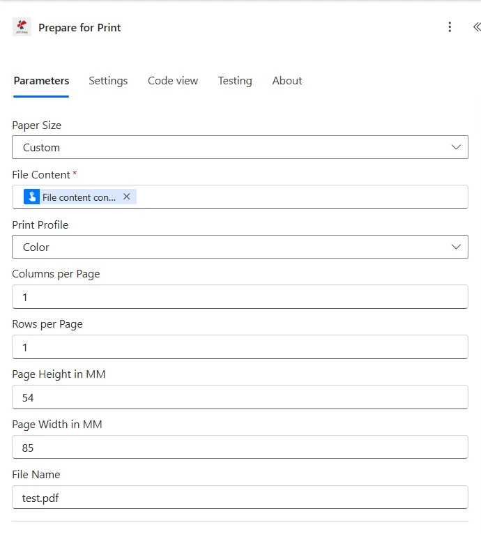Tindakan Persiapan Cetak di Power Automate menunjukkan Ukuran Kertas diatur ke Kustom, Konten File dipetakan, Profil Cetak diatur ke Warna, Kolom per Halaman dan Baris per Halaman diatur ke 1, Tinggi Halaman dalam MM diatur ke 54, Lebar Halaman dalam MM diatur ke 85, dan Nama File diatur ke test.pdf